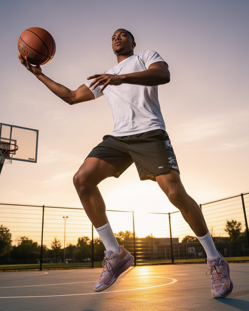 aman wearing a swa short, playing basketball