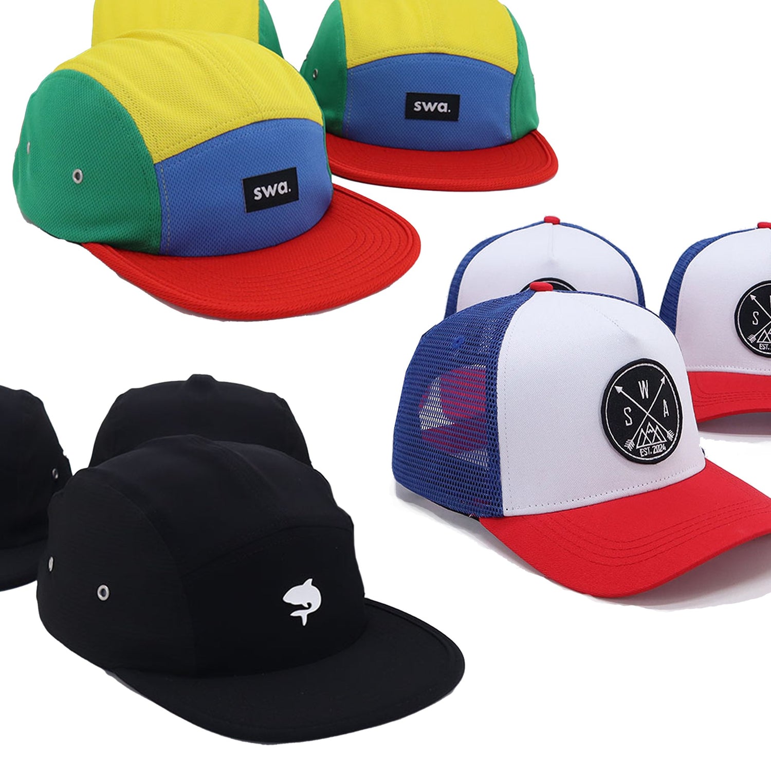 Colorful hat with yellow on top, blue in the front, green on the side panels, and red on the visor