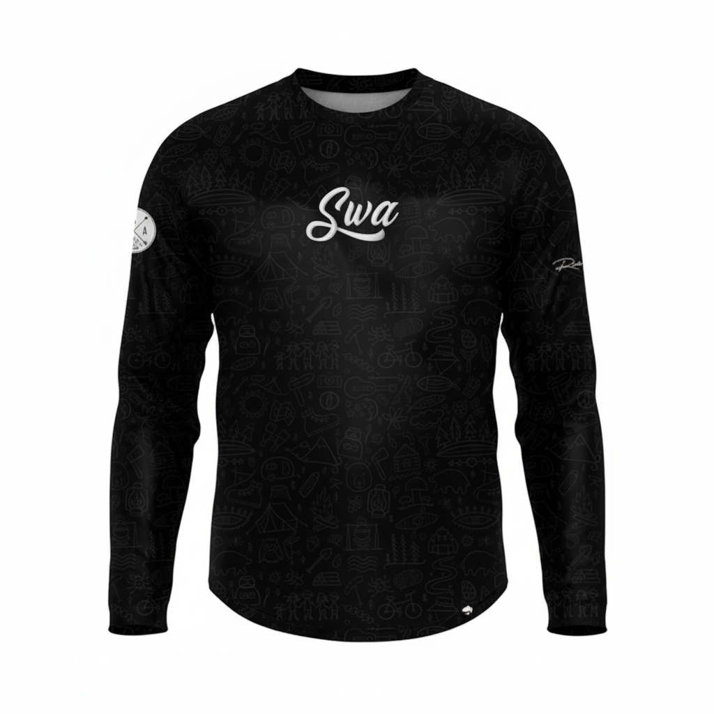Black long-sleeve shirt with 'Swa' logo on a white background