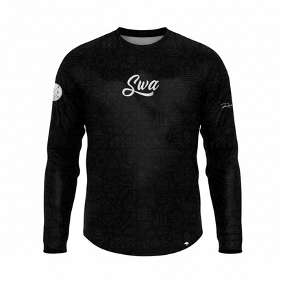 Black long-sleeve shirt with 'Swa' logo on a white background