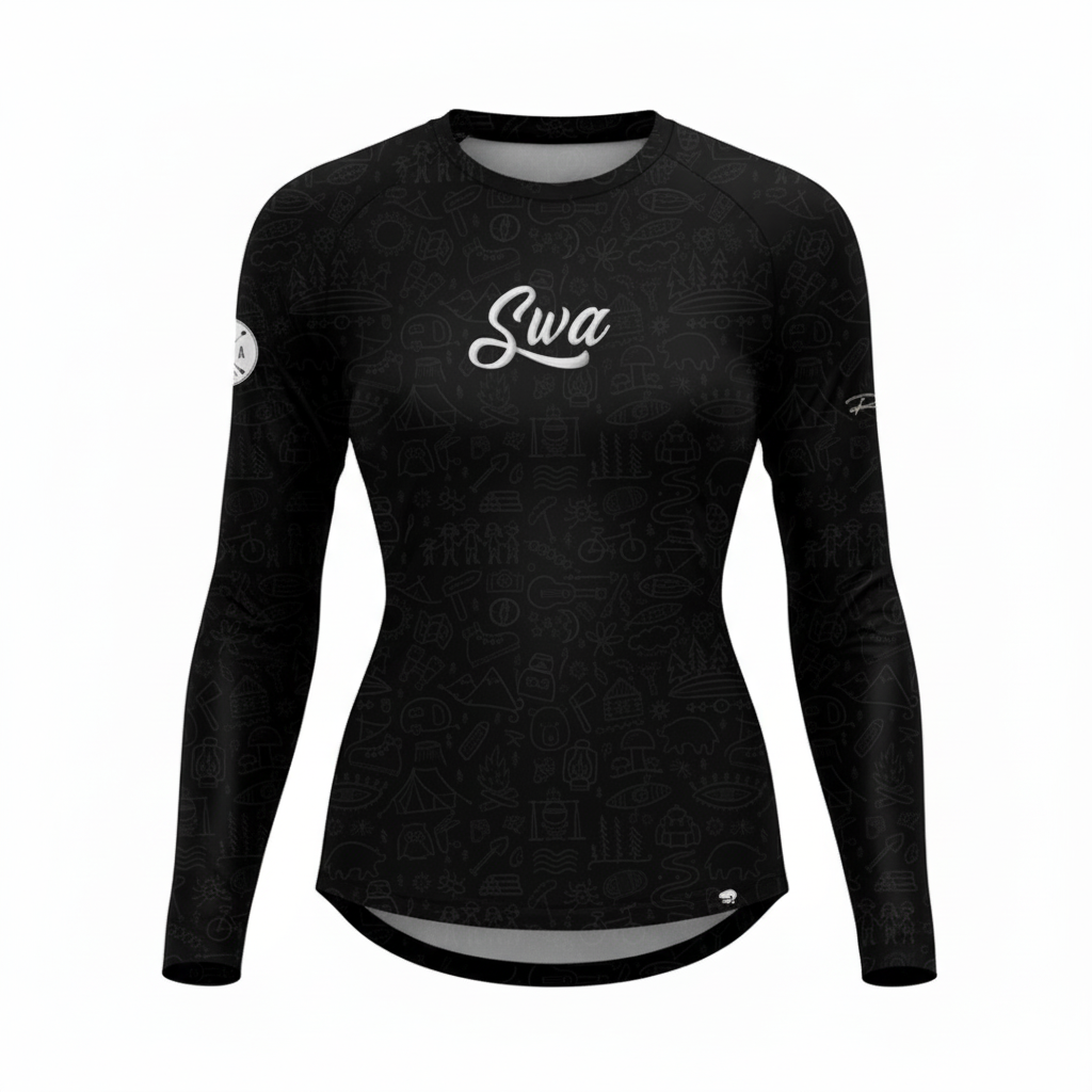 Black long-sleeve athletic shirt with 'Swa' logo on a white background