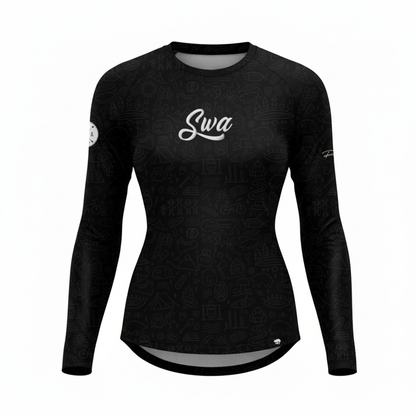 Black long-sleeve athletic shirt with 'Swa' logo on a white background