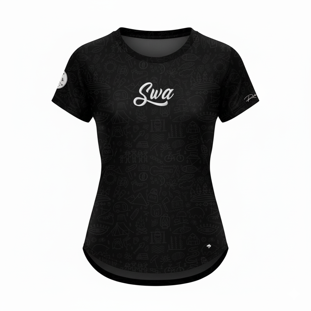 Black t-shirt with white logo on a white background