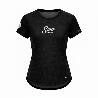 Black t-shirt with white logo on a white background