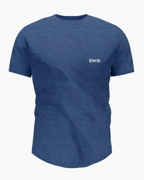 Blue t-shirt with a brand logo on a white background