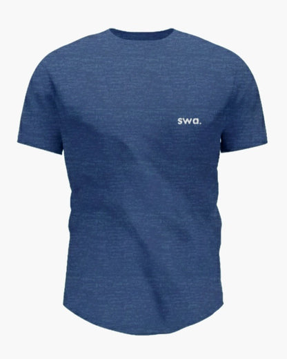 Blue t-shirt with a brand logo on a white background