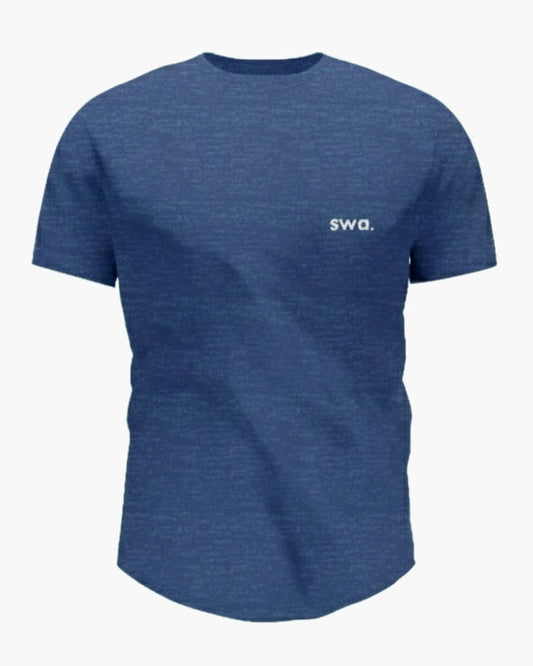 Blue t-shirt with a brand logo on a white background