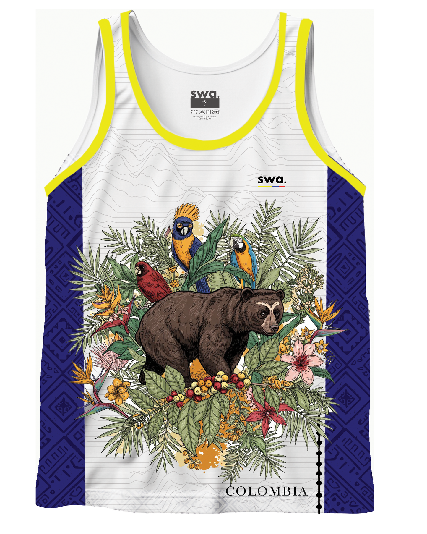 Tank tops with different colombian designs on a white background