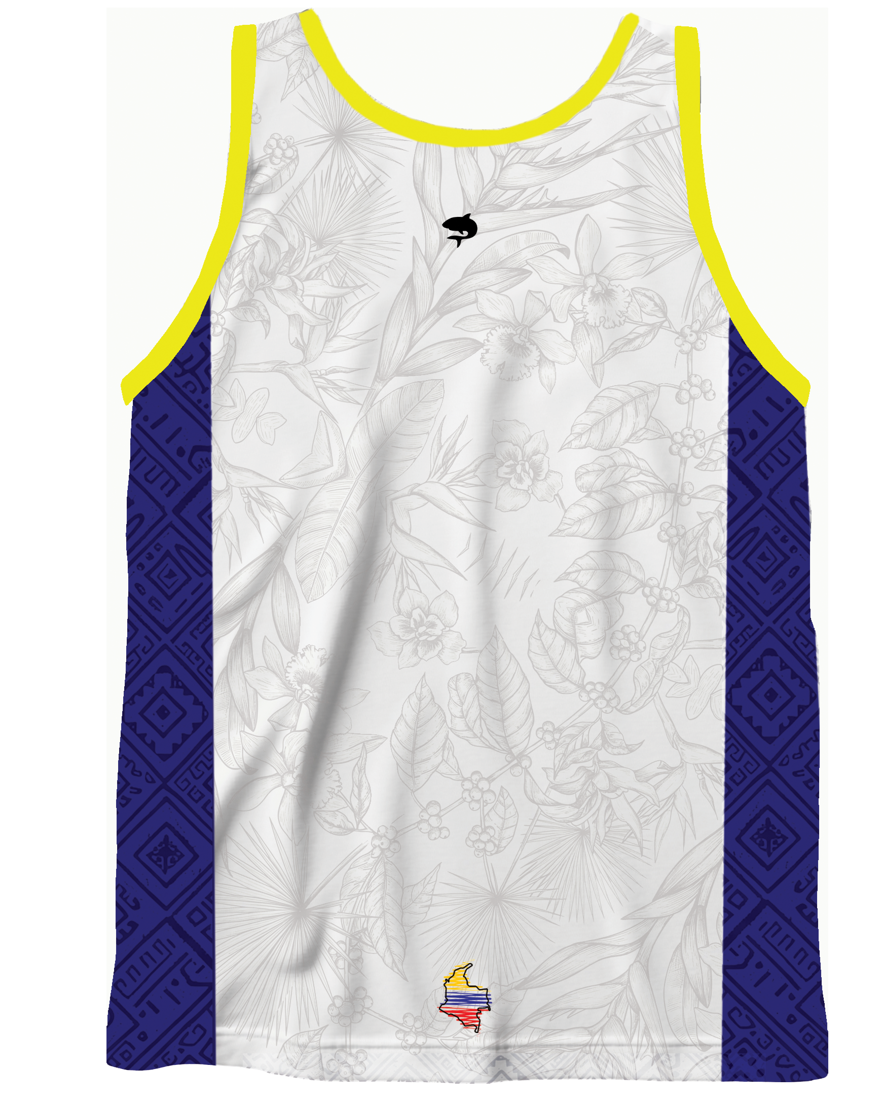 Tank tops with different coffee leave designs, and colombian croquis with yellow, blue and red on a white background