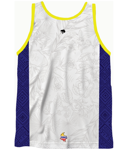 Tank tops with different coffee leave designs, and colombian croquis with yellow, blue and red on a white background