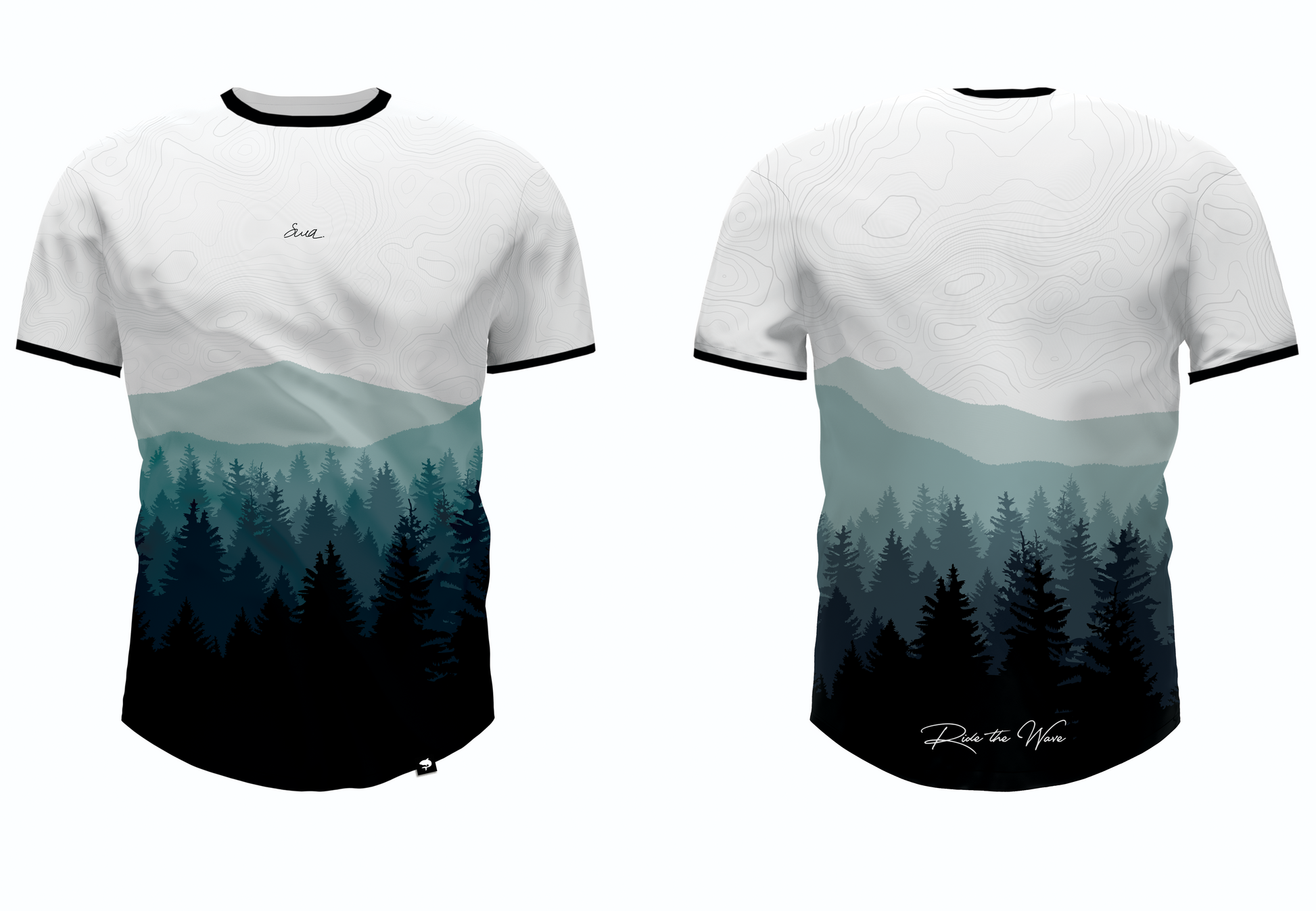 Two t-shirts with a mountain and forest design on a white background