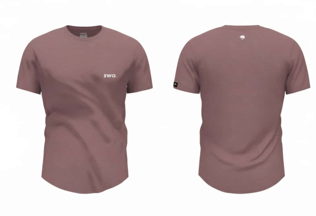 Salmon t-shirt with 'swa' logo on front and brand logo (shark) on back, displayed against a white background.