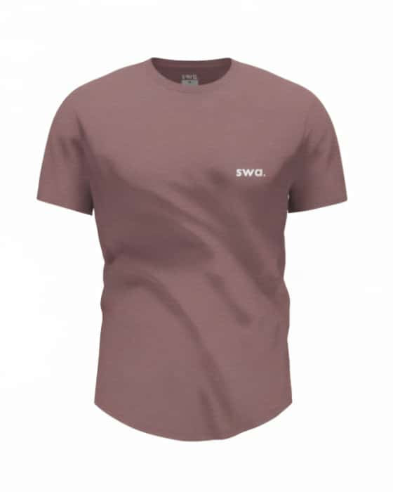 Salmon t-shirt with 'swa' logo on front displayed against a white background.