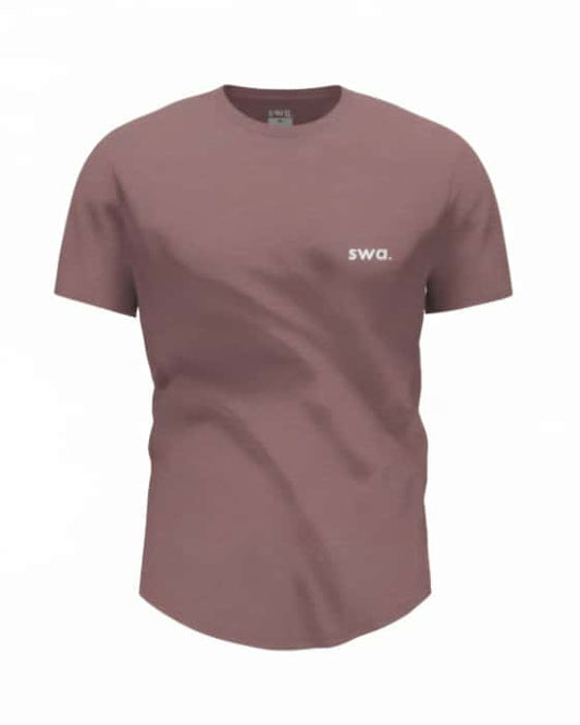 Salmon t-shirt with 'swa' logo on front displayed against a white background.