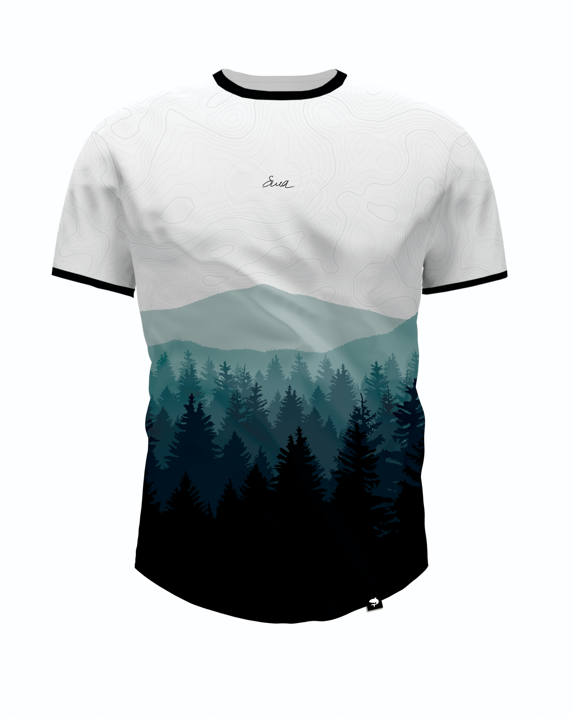  t-shirt with a mountain and forest design on a white background