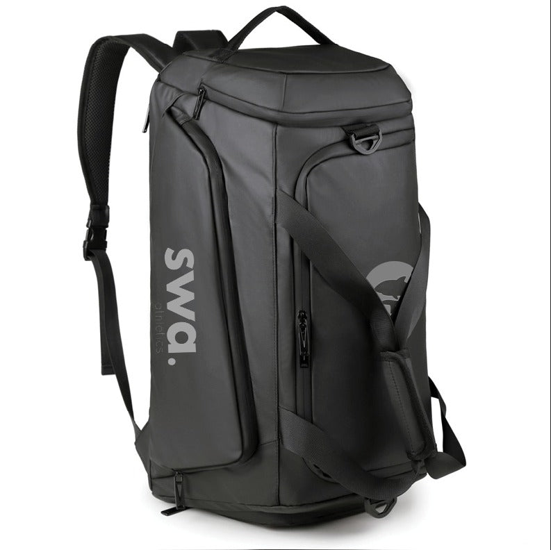 Black backpack with 'swa.' logo on a white background