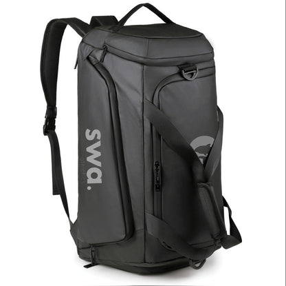 Black backpack with 'swa.' logo on a white background