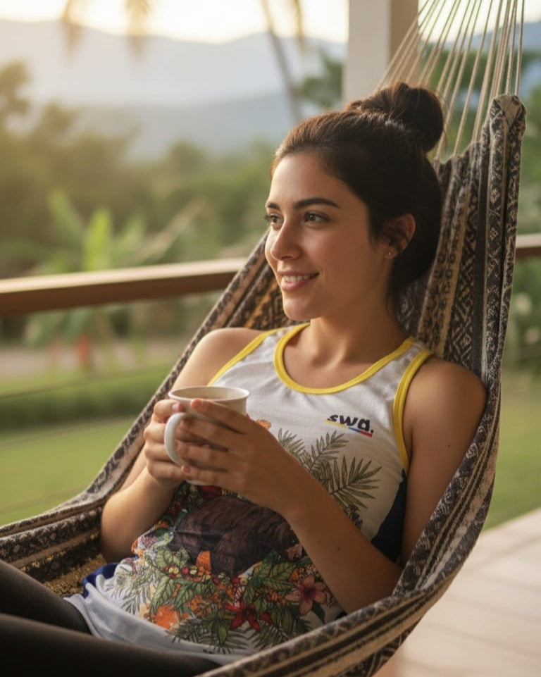 Woman relaxing in a hammock holding a cup, with a scenic background wearing a colombian tank top