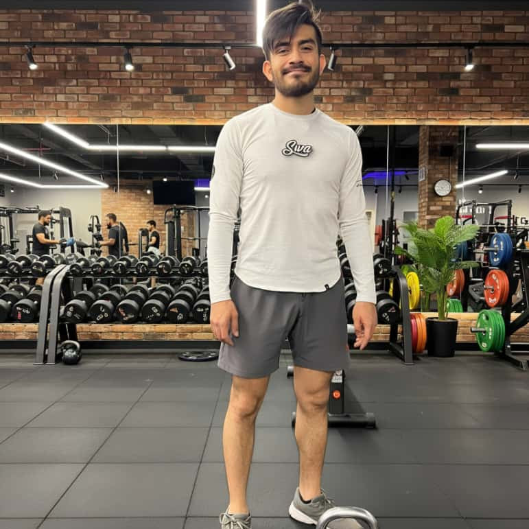 Man standing in a gym wearing a swa white long sleeve  and exercise equipment in the background