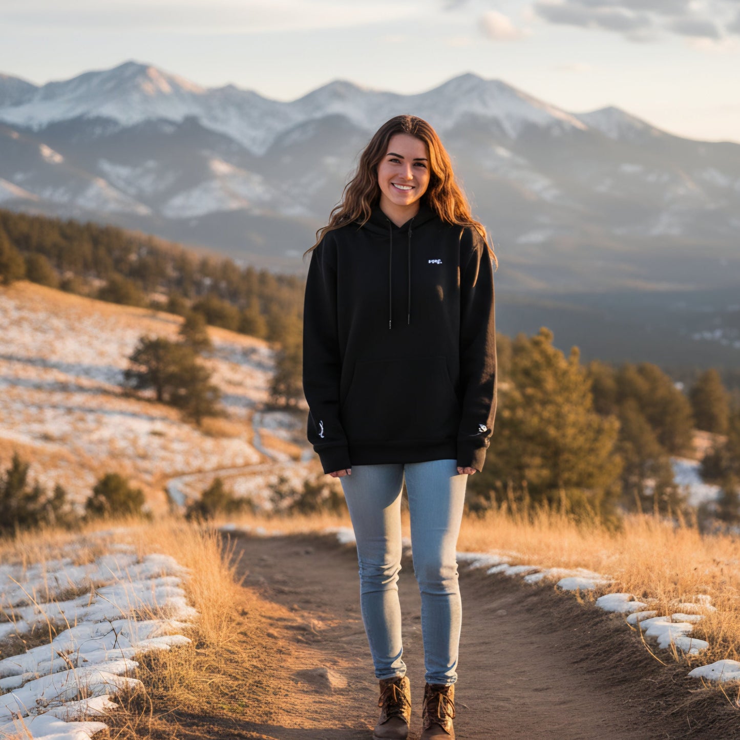 Person standing on a dirt path with snow-covered ground and mountains in the background, wearing a black hoodie from swa sthletics