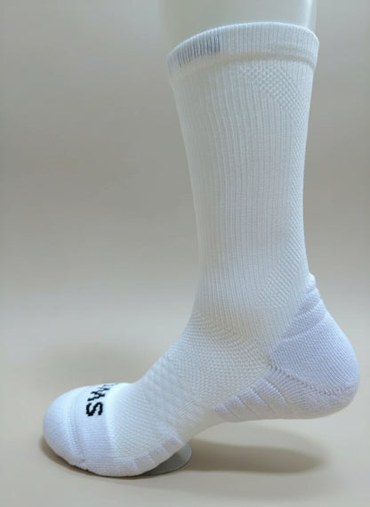 White sock with brand logo on a light gray background