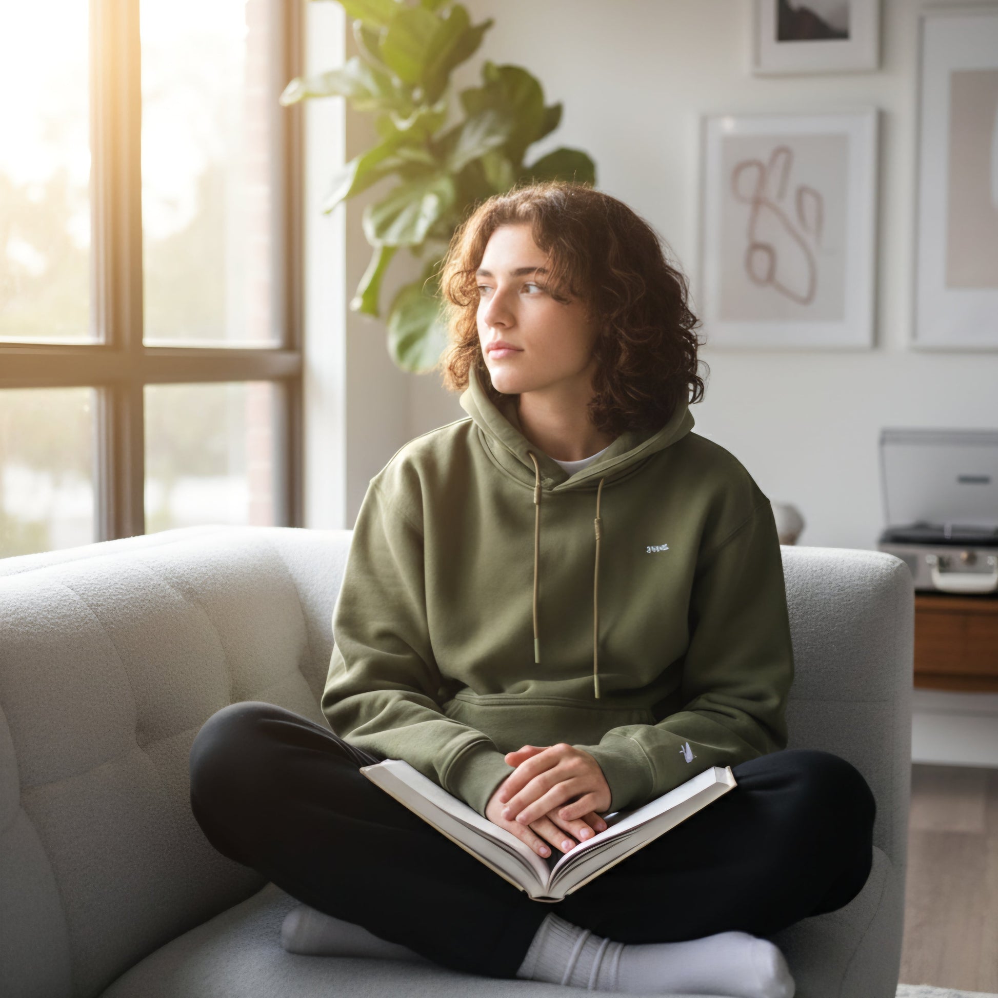 women sitting on a couch wearing a green swa hoodie and reading a book in a cozy living room.