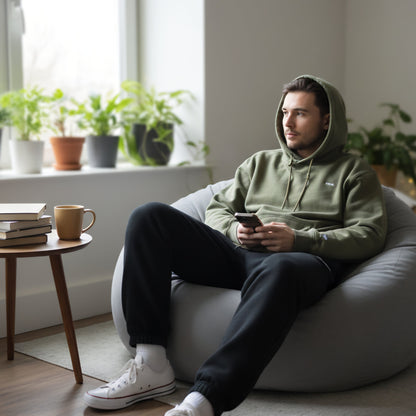 Man sitting on a bean bag chair, wearing a green swa hoodie, in a room with plants and a window.