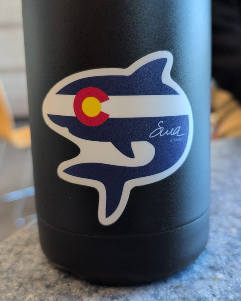 Black tumbler with a logo sticker featuring a shark with the colorado flag in there, placed on a surface.