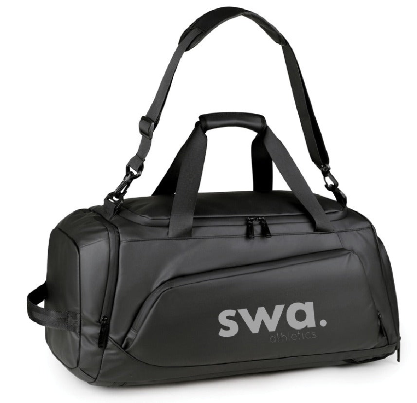 Black duffel bag with 'swa. athletics' logo on a white background