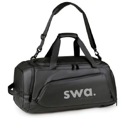 Black duffel bag with 'swa. athletics' logo on a white background