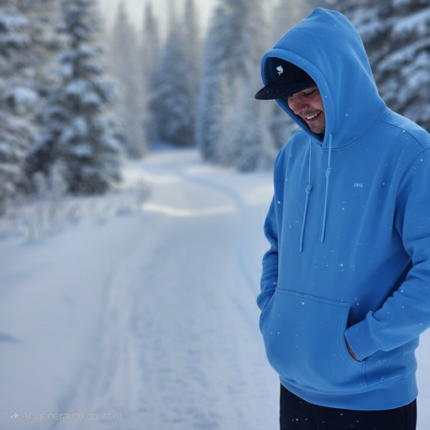 Person wearing a blue swa hoodie standing on a snowy path with trees in the background