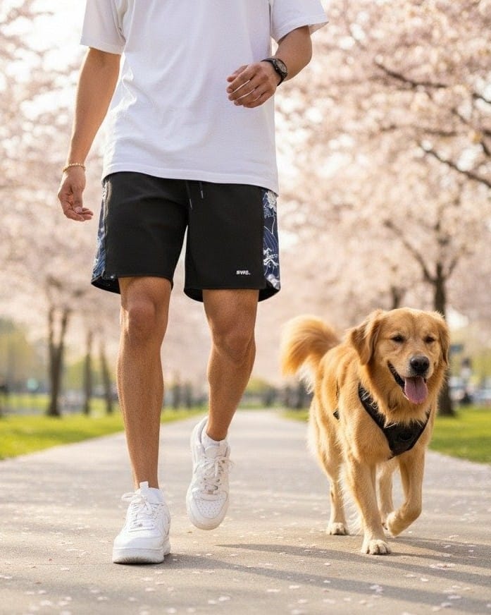 a men wearing a swa short walking a dog