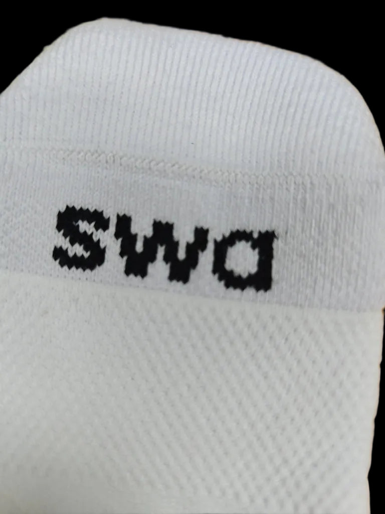 White sock with black text 'SWA' on a white background